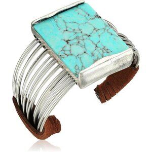 Womens Turquoise Stone Cuff Bracelet Silver Tone Suede Slip On Western